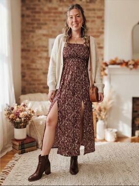 Burgundy Floral Smocked Midi Dress Size S/M Slits Cottagecore Boho Stretchy